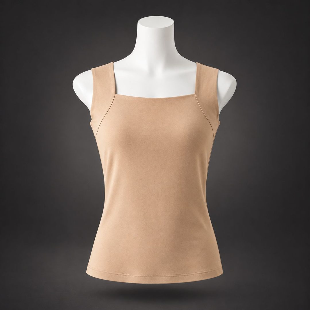 The Velcy comfort tank in nude on a white mannequin against a dark grey background