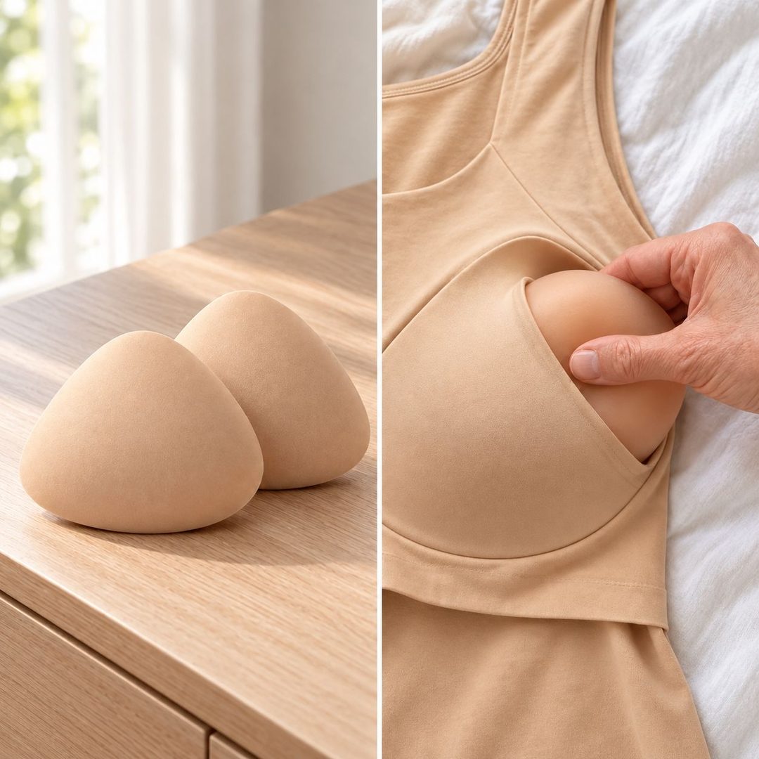 Two breast forms on a wooden dresser next to a close-up of a form being placed in the tank's built-in pocket