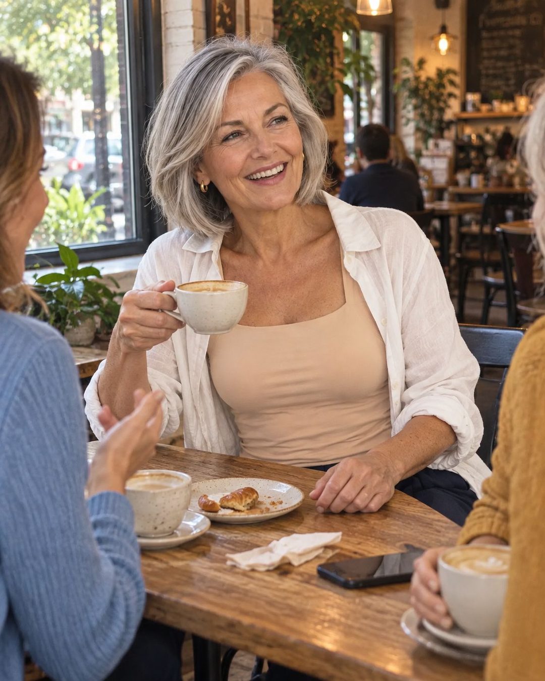 Smiling woman wearing the tank under a linen shirt, having coffee with friends at a café