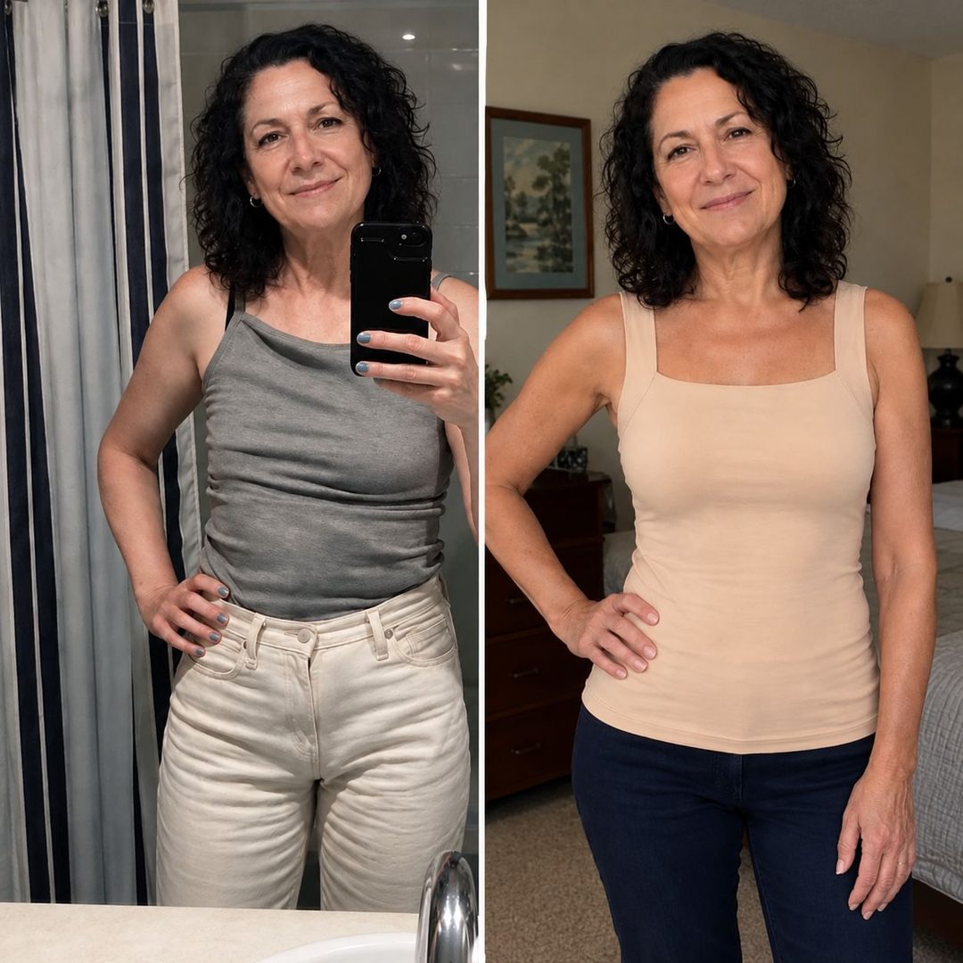 Side by side: a woman in an ordinary grey tank in a mirror selfie, and the same woman wearing the nude Velcy tank