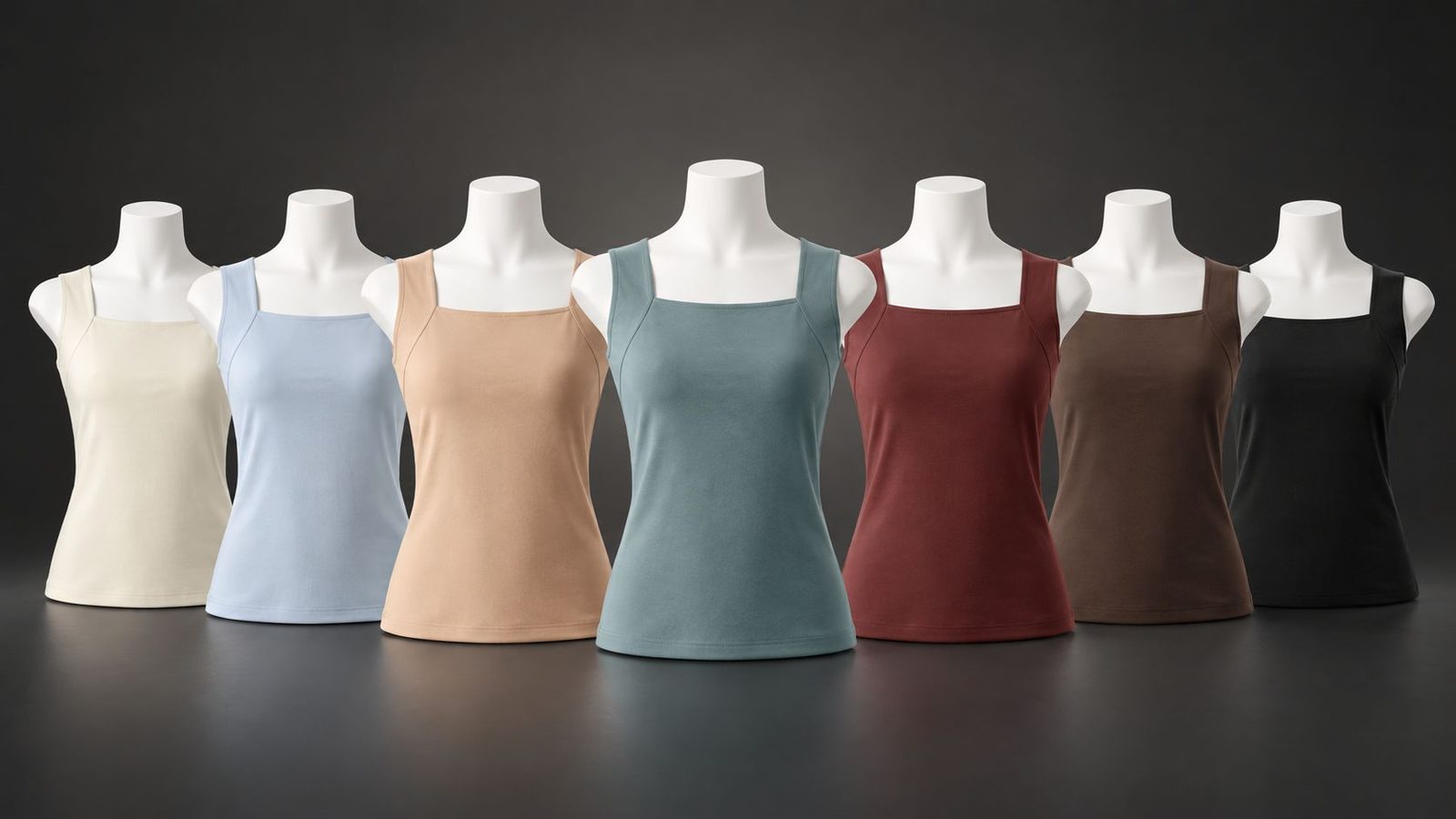 The Velcy tank in seven colours on a row of mannequins